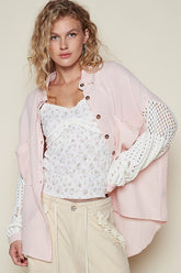 POL Openwork Lantern Sleeve Button Down Gauze Shirt Blush Pink OutfitFlow